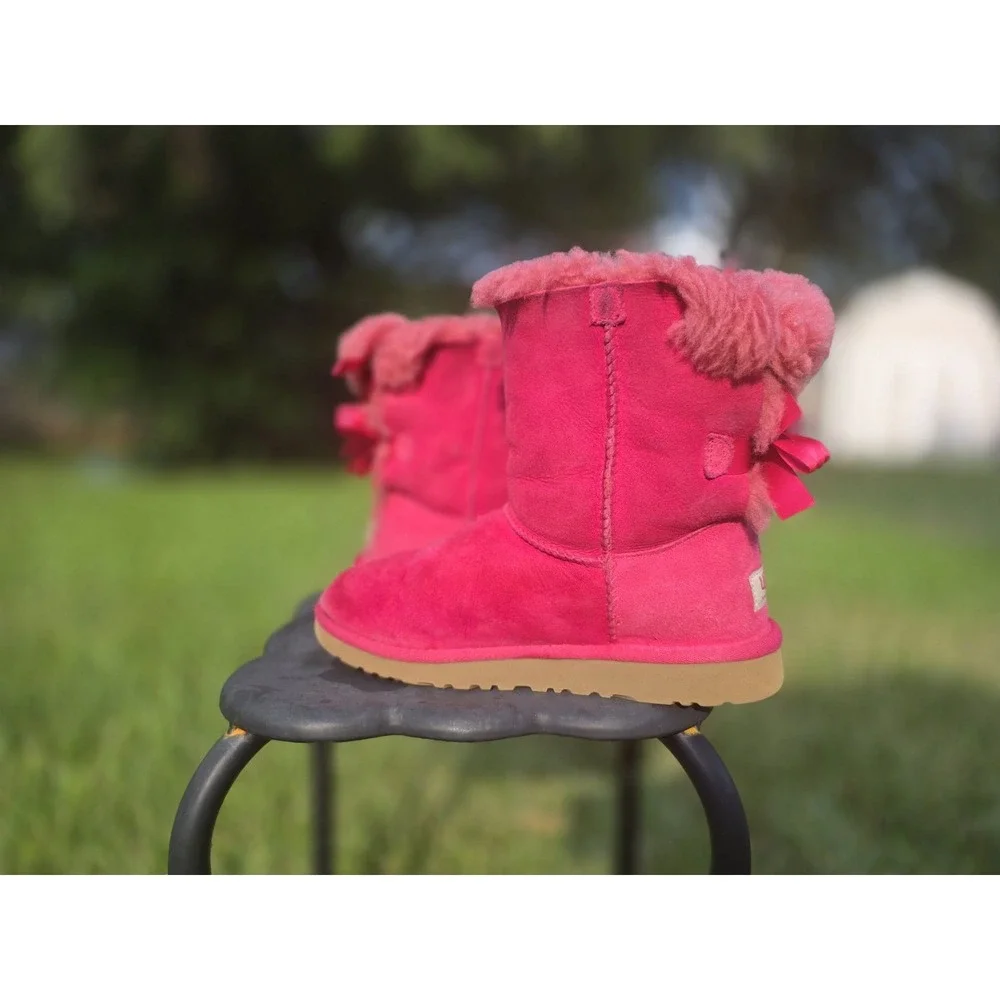 UGG Kids Bailey Bow II Pink Suede Shearling Boots Girls